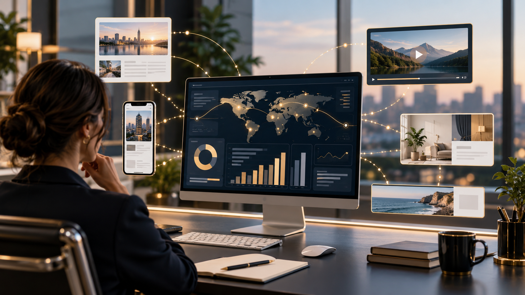 Marketing professional reviewing a programmatic advertising dashboard connecting digital placements across multiple media environments.