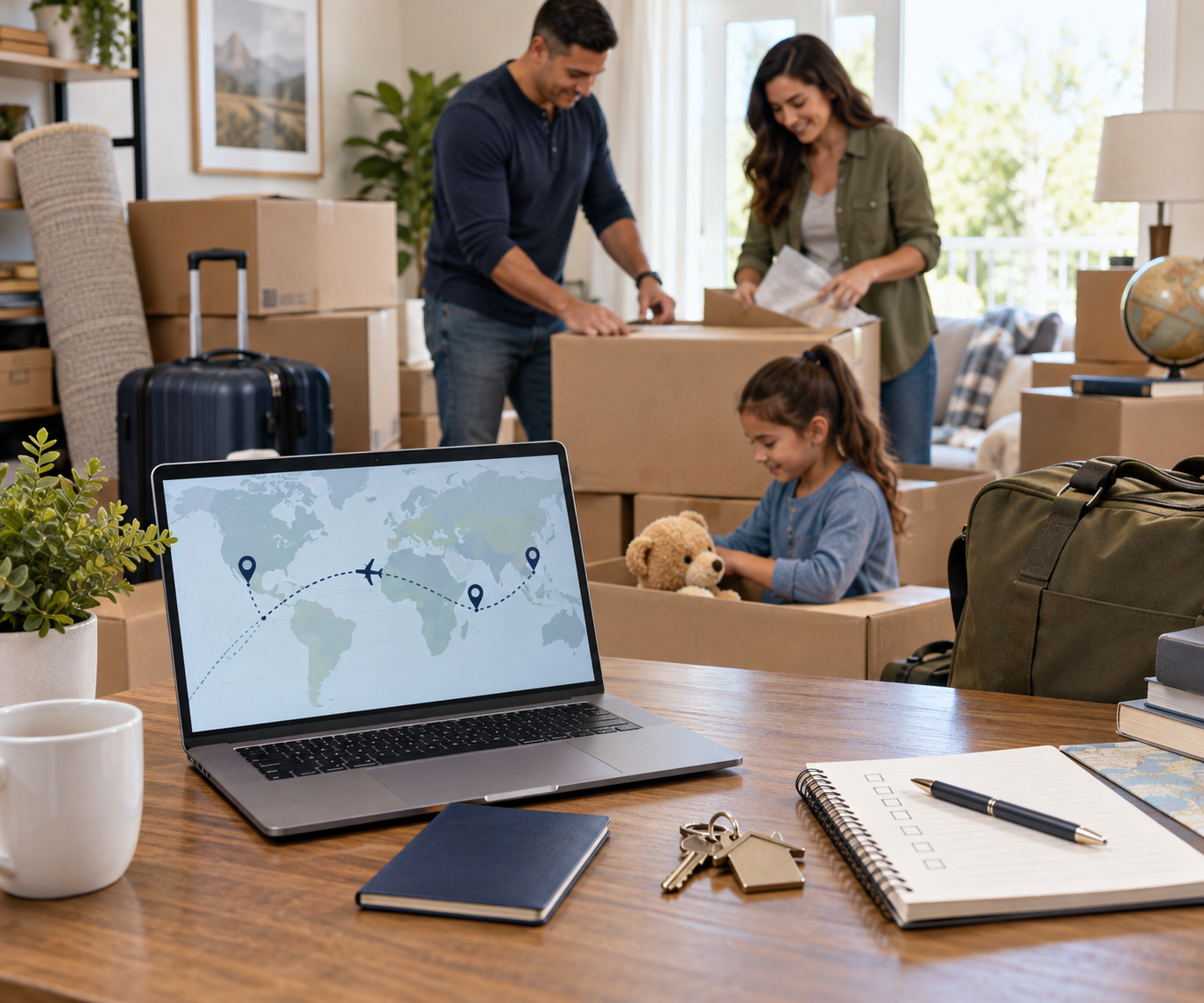 Military family organizing an overseas PCS move with moving boxes, travel plans, and household belongings