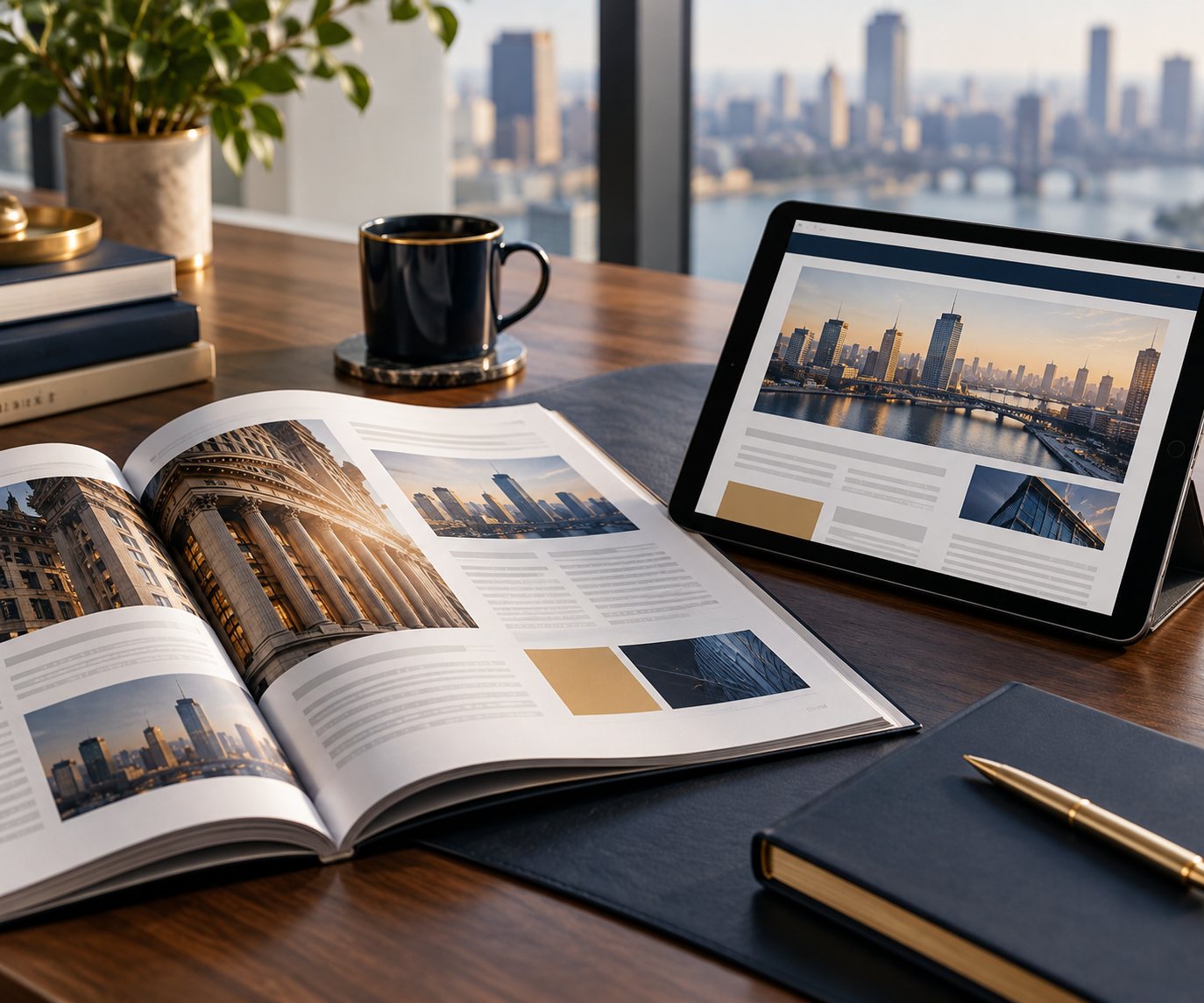 Print publication and tablet displaying editorial content on a professional desk