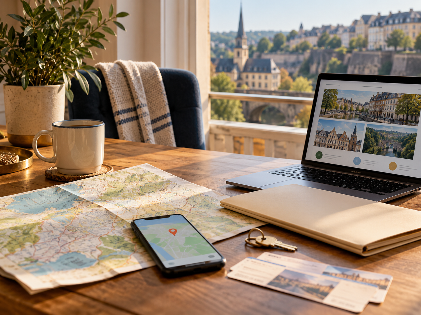 Map, laptop, phone, keys, and relocation materials for families settling in the Benelux