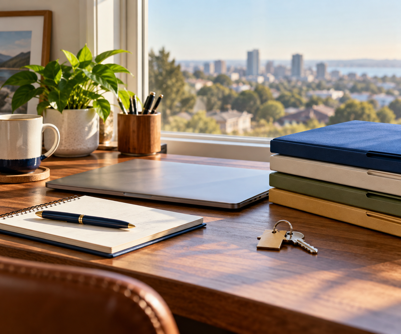 Home office desk with laptop, planning folders, notebook, and house keys, representing transition from military service to civilian life.