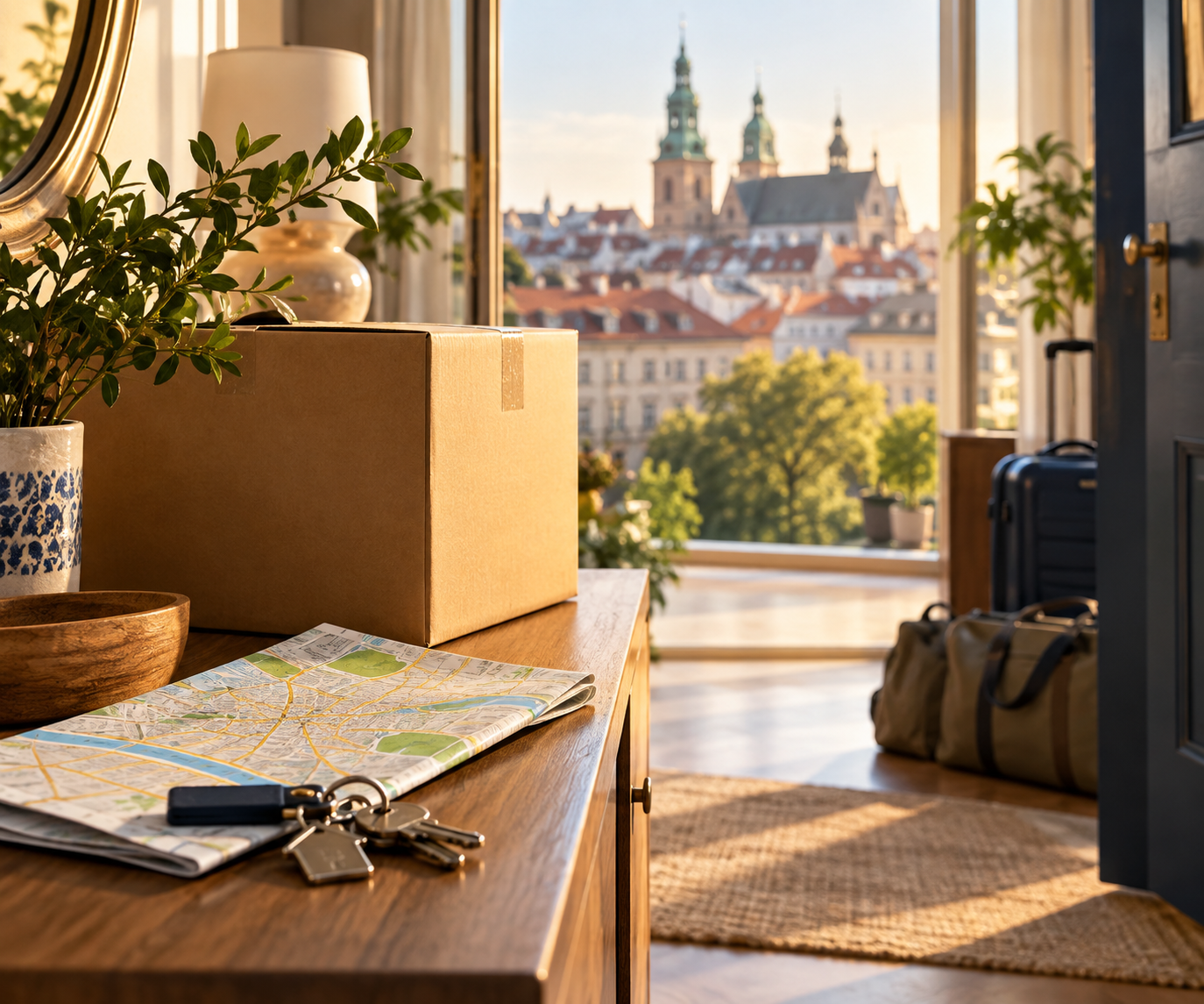 Moving box, luggage, map, and house keys in a Polish apartment, representing the PCS arrival window for U.S. military families.