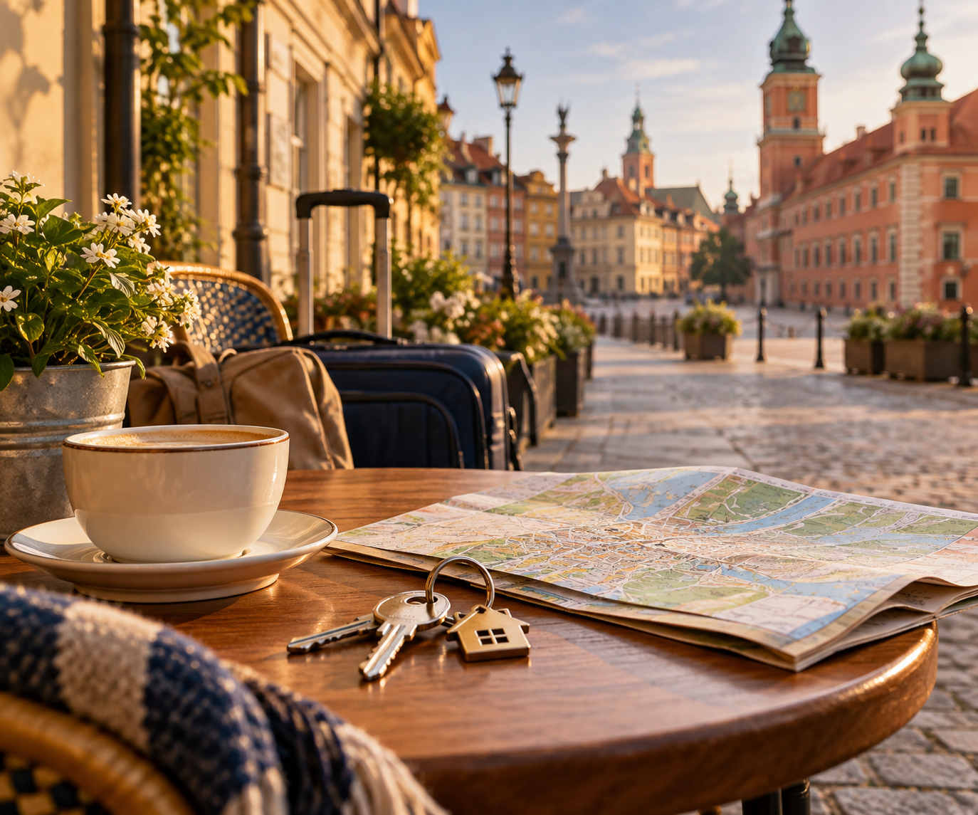 Travel map, house keys, and luggage in a Polish city setting, representing U.S. military families establishing daily life in Poland.