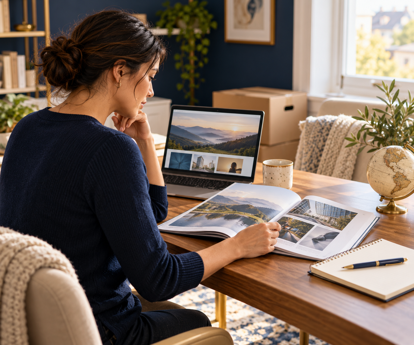 Military-connected adult reviewing education and career options at a home desk