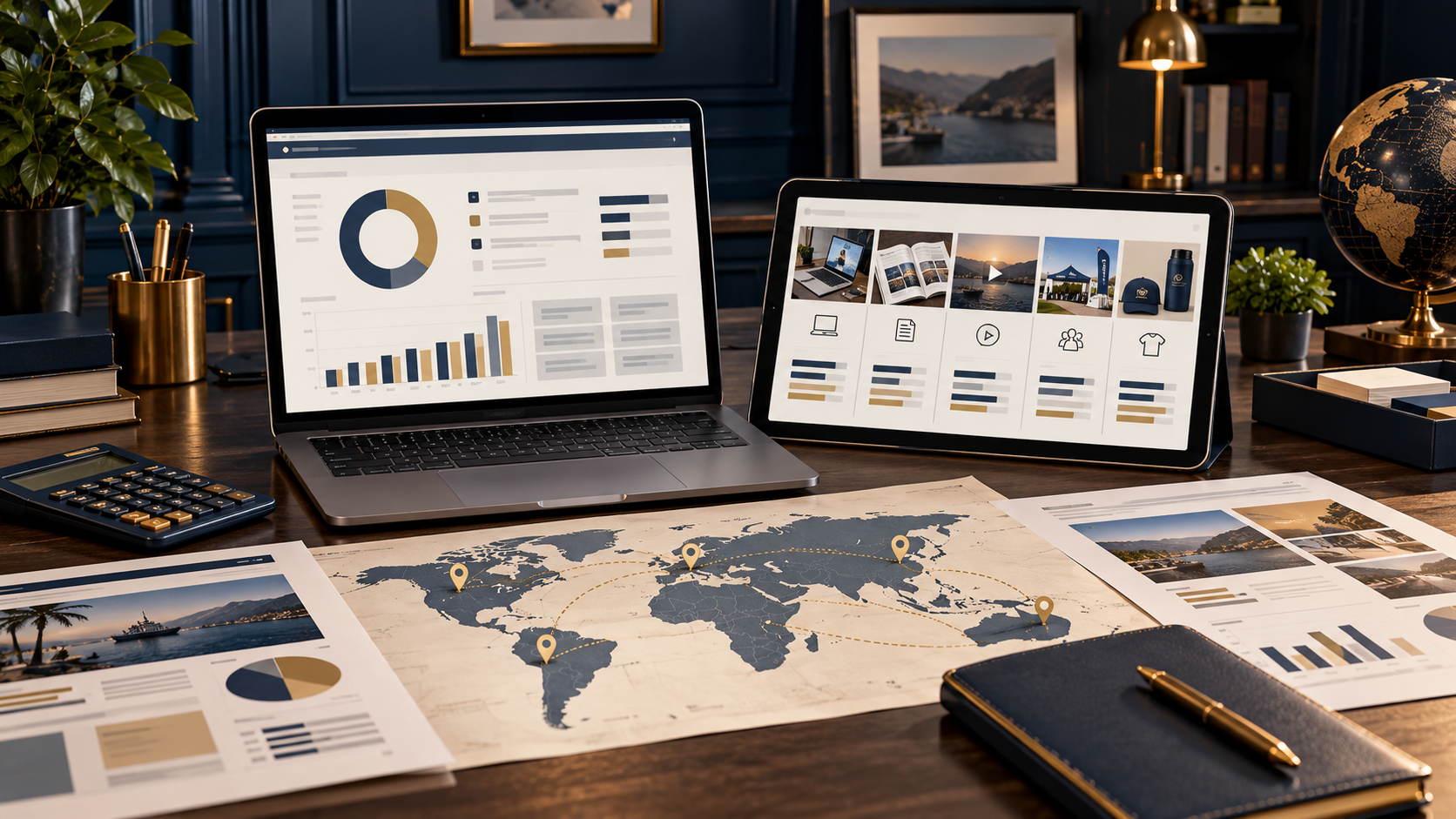 Advertising planning workspace with budget calculator, media channel comparison, and global campaign map